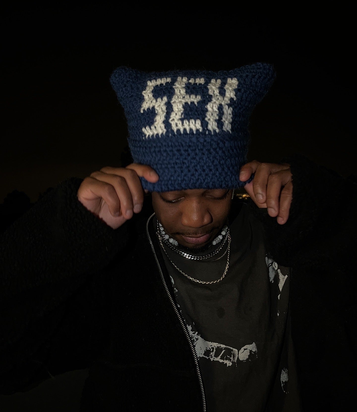SEX Print Crochet Cat Ear Beanie