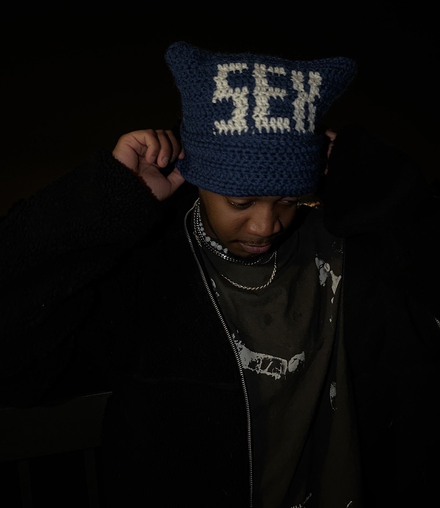 SEX Print Crochet Cat Ear Beanie
