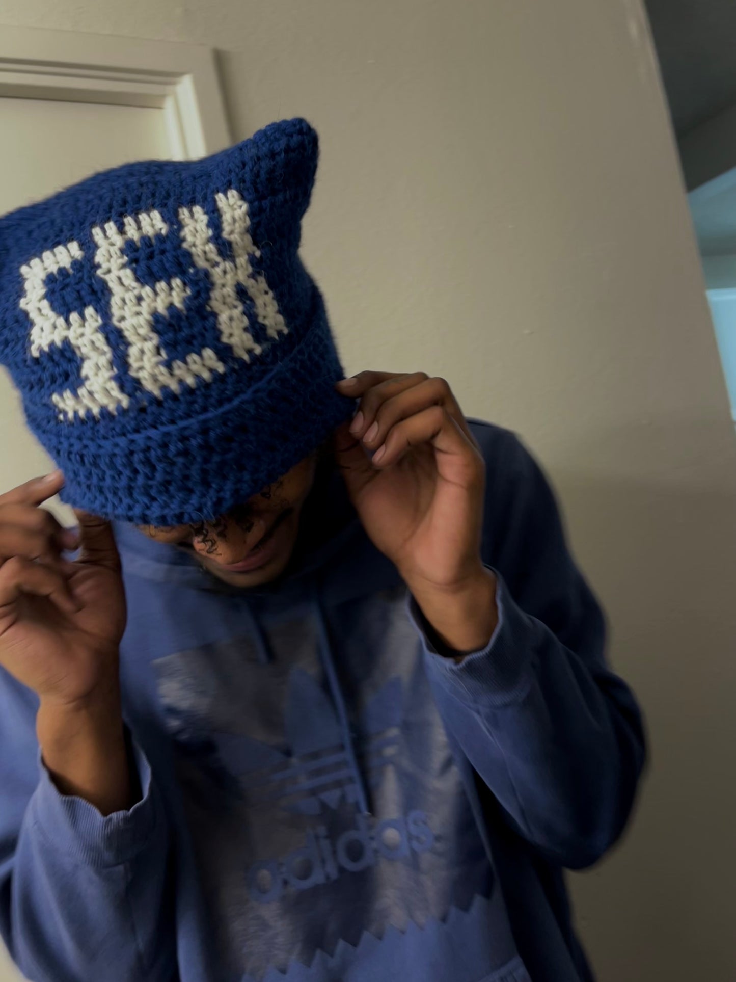 SEX Print Crochet Cat Ear Beanie